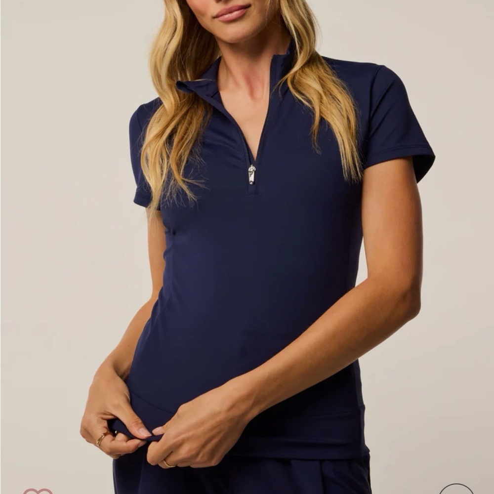 Highly Rated NWT GREYSON Navy Short Sleeve Zip-Up Top Sz L